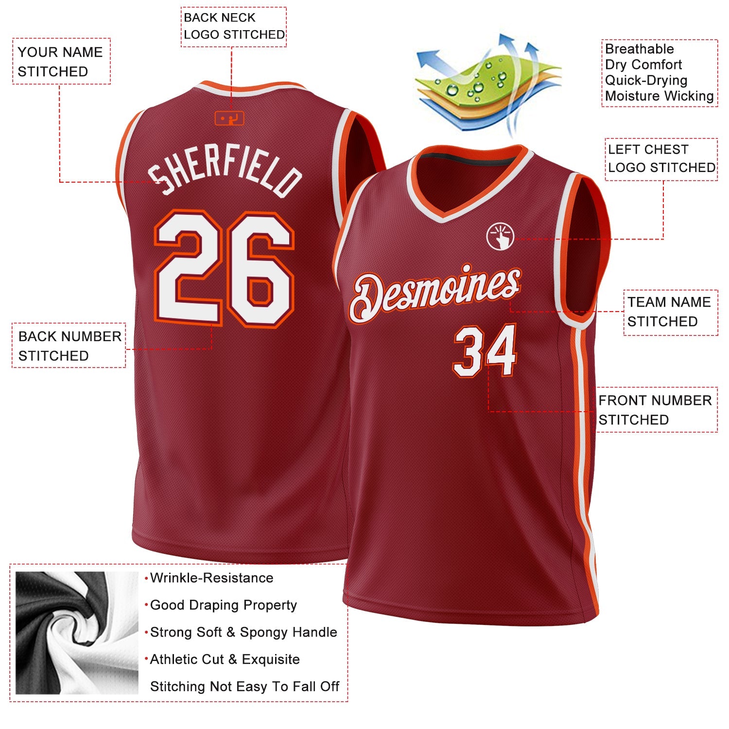 Custom Maroon White-Orange Authentic Throwback Basketball Jersey - Sky-Custom