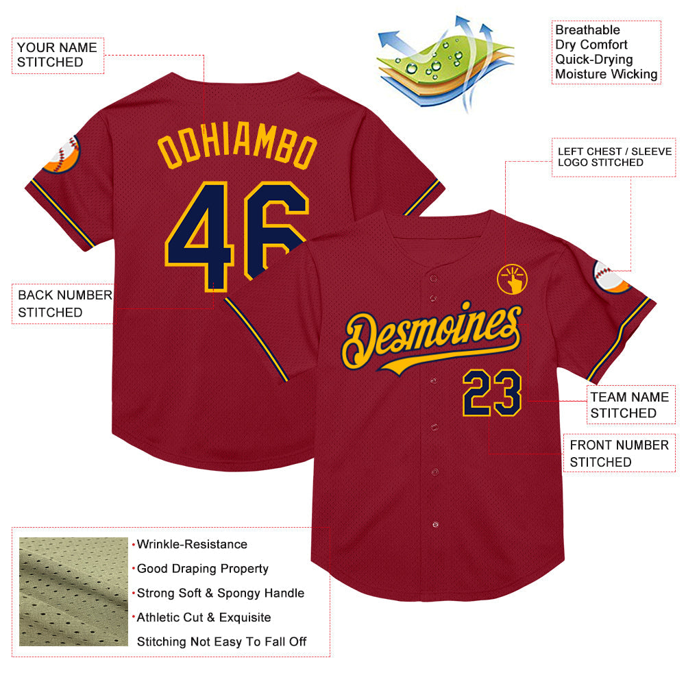 Custom Maroon Navy-Gold Mesh Authentic Throwback Baseball Jersey - Sky-Custom