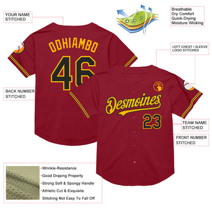 Custom Maroon Black-Gold Mesh Authentic Throwback Baseball Jersey - Sky-Custom