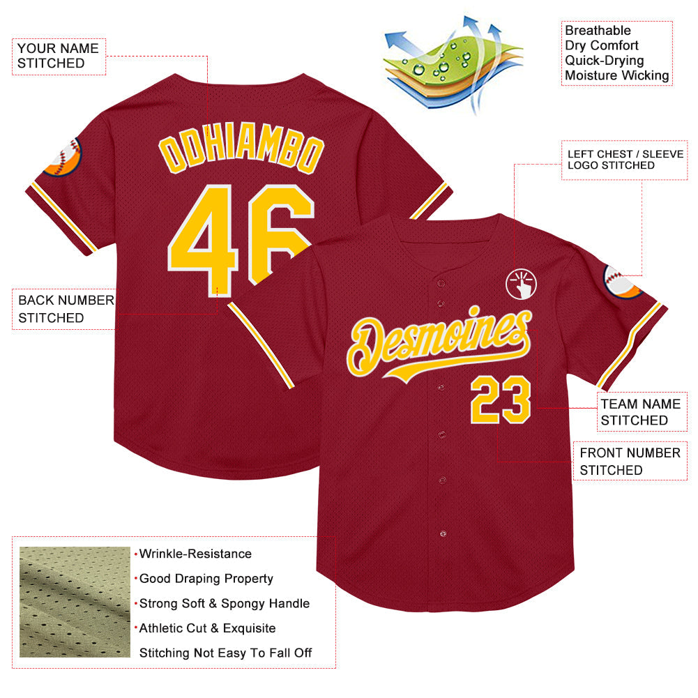 Custom Maroon Yellow-White Mesh Authentic Throwback Baseball Jersey - Sky-Custom