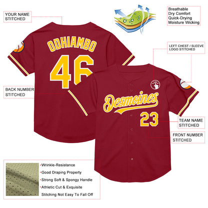 Custom Maroon Yellow-White Mesh Authentic Throwback Baseball Jersey - Sky-Custom