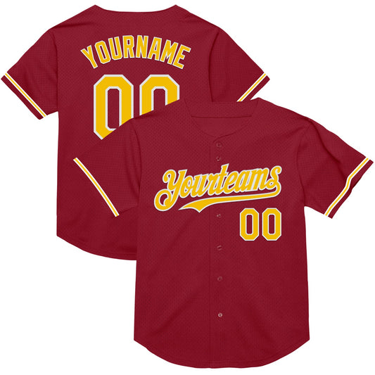 Custom Maroon Yellow-White Mesh Authentic Throwback Baseball Jersey - Sky-Custom