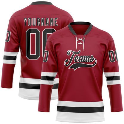 Custom Maroon Black-White Hockey Lace Neck Jersey - Sky-Custom