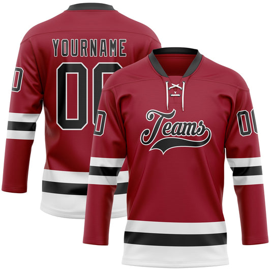 Custom Maroon Black-White Hockey Lace Neck Jersey - Sky-Custom