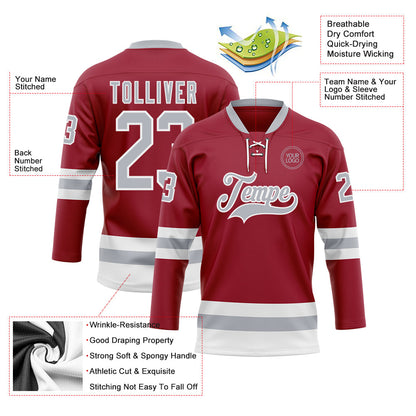 Custom Maroon Gray-White Hockey Lace Neck Jersey - Sky-Custom