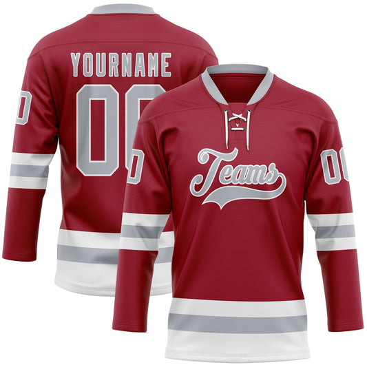 Custom Maroon Gray-White Hockey Lace Neck Jersey - Sky-Custom
