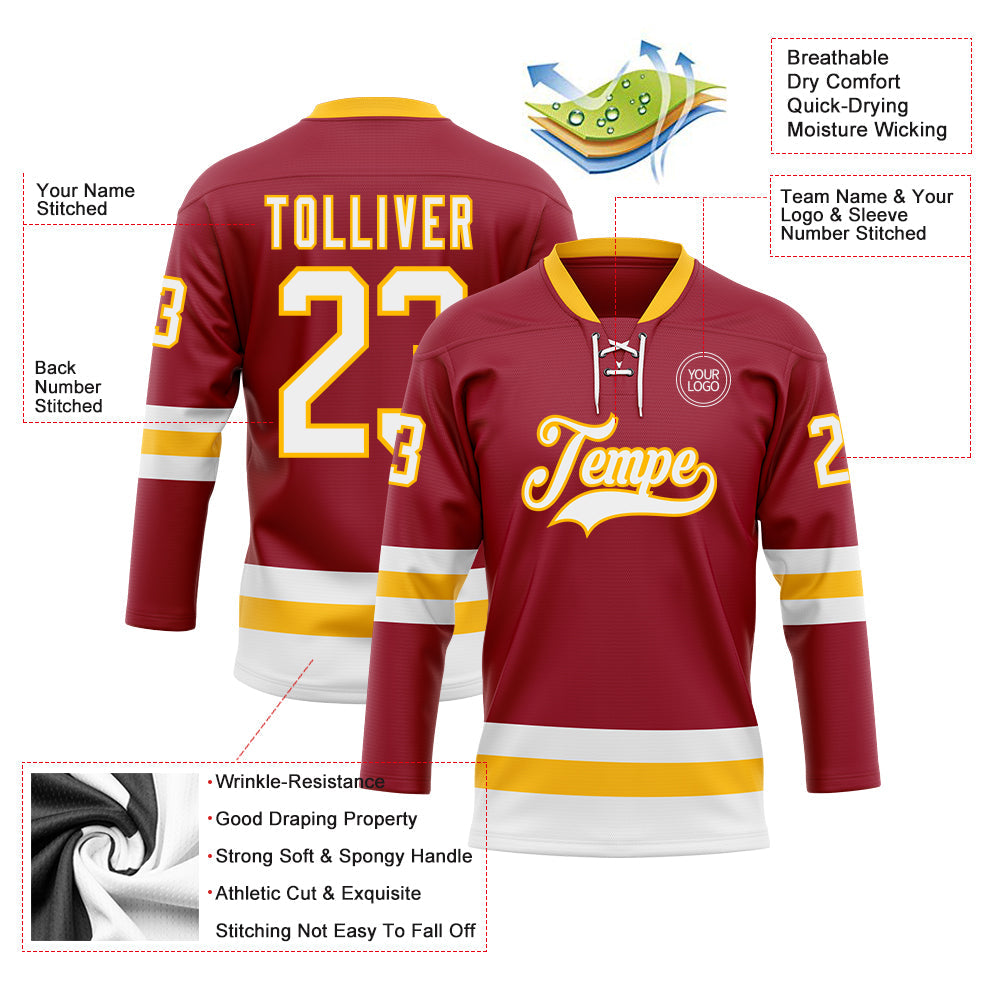 Custom Maroon White-Gold Hockey Lace Neck Jersey - Sky-Custom