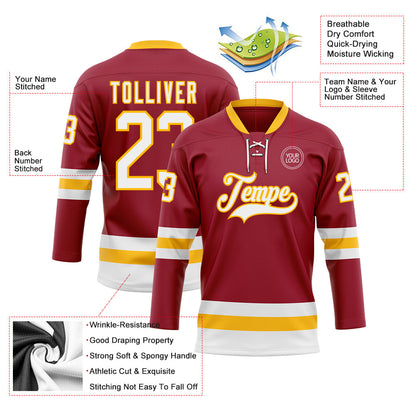 Custom Maroon White-Gold Hockey Lace Neck Jersey - Sky-Custom