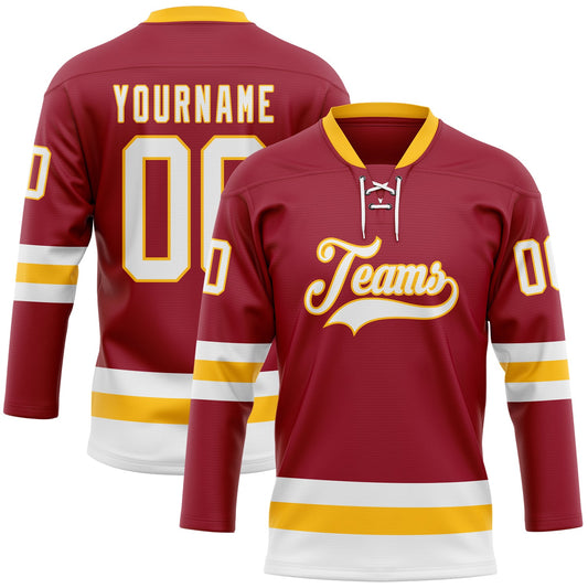 Custom Maroon White-Gold Hockey Lace Neck Jersey - Sky-Custom