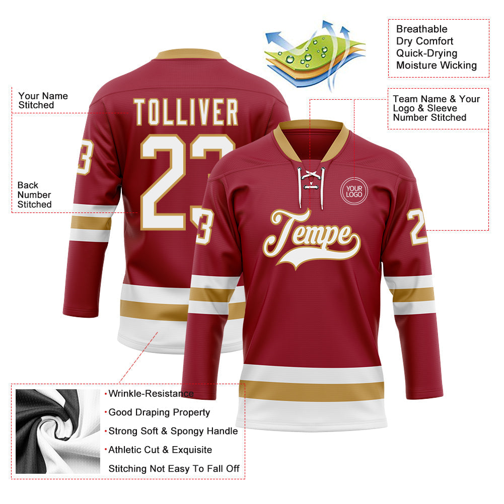 Custom Maroon White-Old Gold Hockey Lace Neck Jersey - Sky-Custom