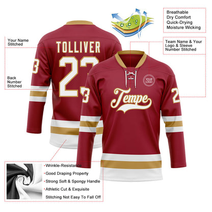 Custom Maroon White-Old Gold Hockey Lace Neck Jersey - Sky-Custom
