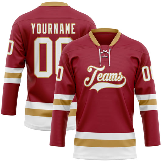Custom Maroon White-Old Gold Hockey Lace Neck Jersey - Sky-Custom