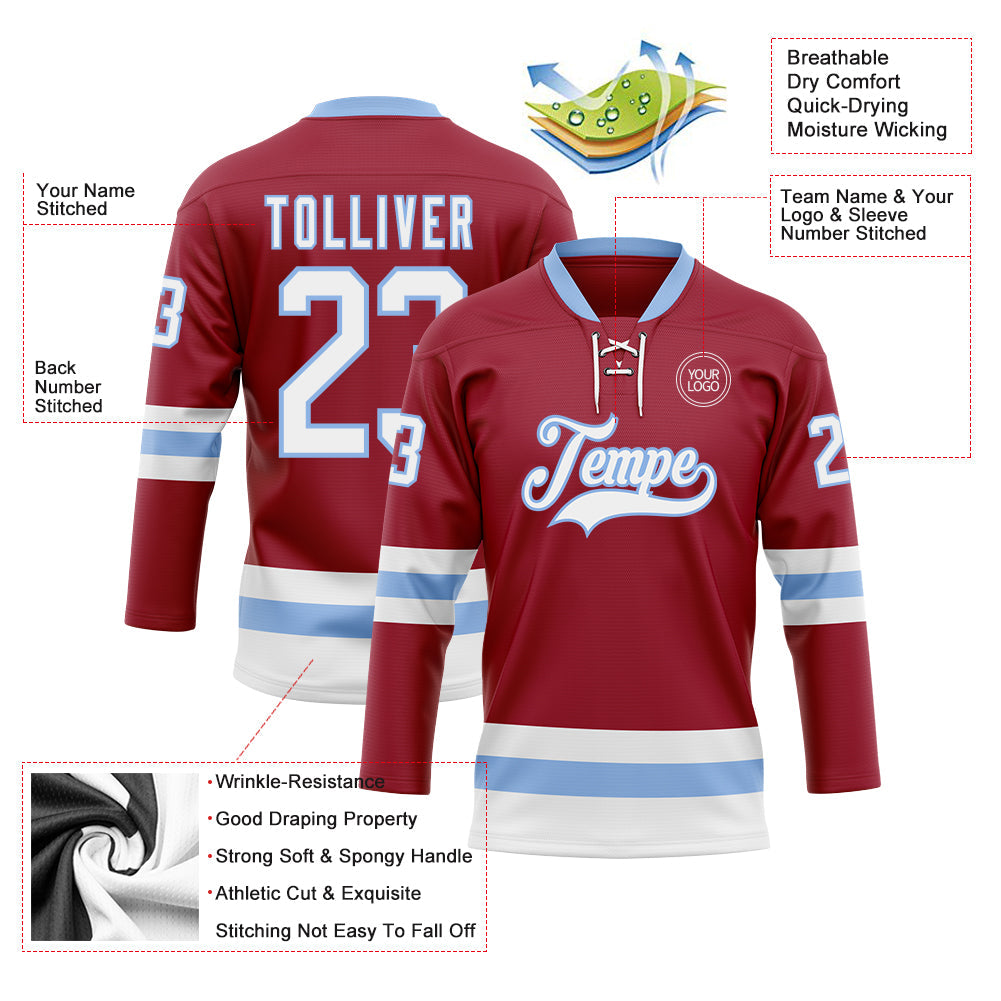 Custom Maroon White-Light Blue Hockey Lace Neck Jersey - Sky-Custom