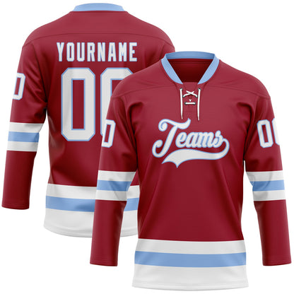 Custom Maroon White-Light Blue Hockey Lace Neck Jersey - Sky-Custom