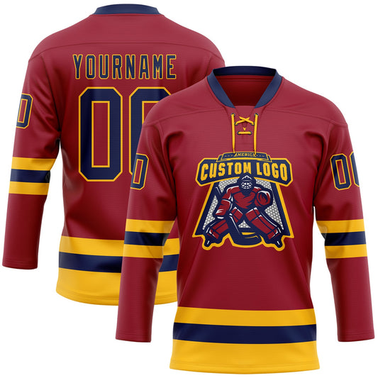 Custom Maroon Navy-Gold Hockey Lace Neck Jersey - Sky-Custom