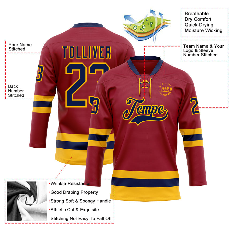 Custom Maroon Navy-Gold Hockey Lace Neck Jersey - Sky-Custom