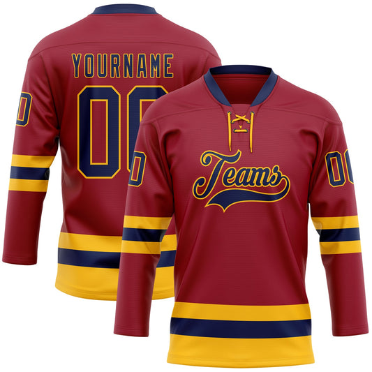 Custom Maroon Navy-Gold Hockey Lace Neck Jersey - Sky-Custom