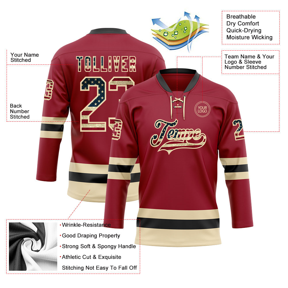 Custom Maroon Vintage USA Flag Cream-Black Hockey Lace Neck Jersey - Sky-Custom