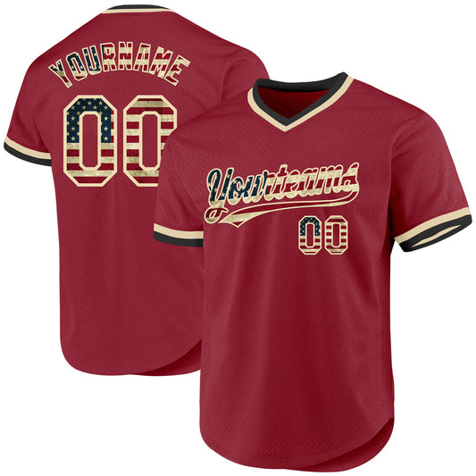 Custom Maroon Vintage USA Flag Cream-Black Authentic Throwback Baseball Jersey - Sky-Custom