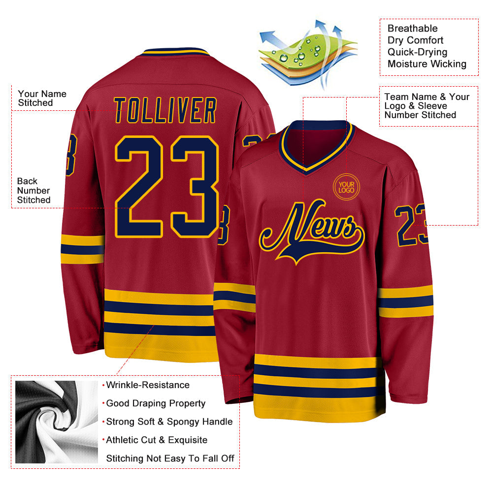 Custom Maroon Navy-Gold Hockey Jersey - Sky-Custom