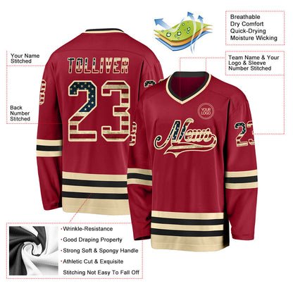 Custom Maroon Vintage USA Flag Cream-Black Hockey Jersey - Sky-Custom