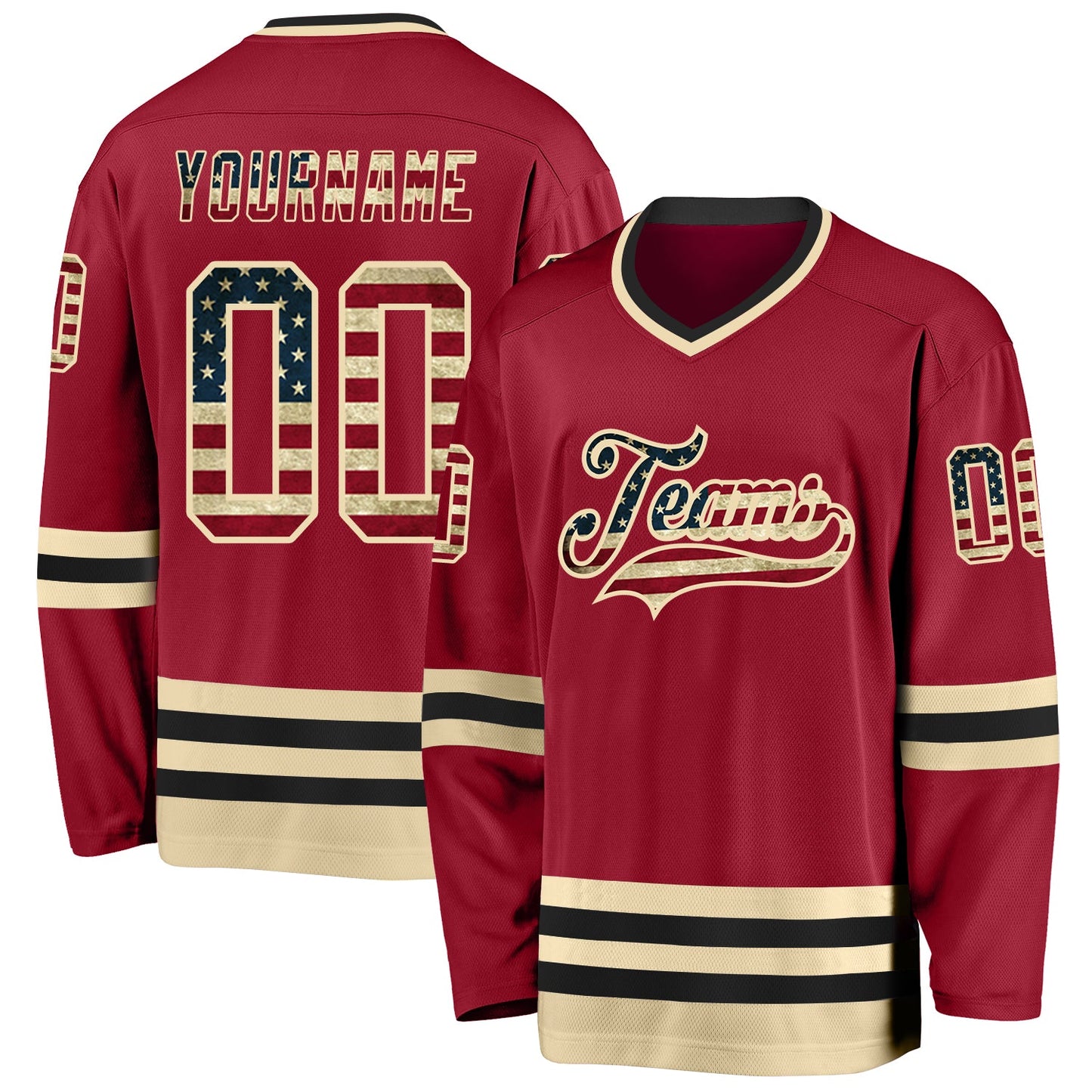 Custom Maroon Vintage USA Flag Cream-Black Hockey Jersey - Sky-Custom