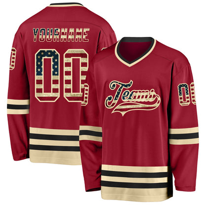 Custom Maroon Vintage USA Flag Cream-Black Hockey Jersey - Sky-Custom