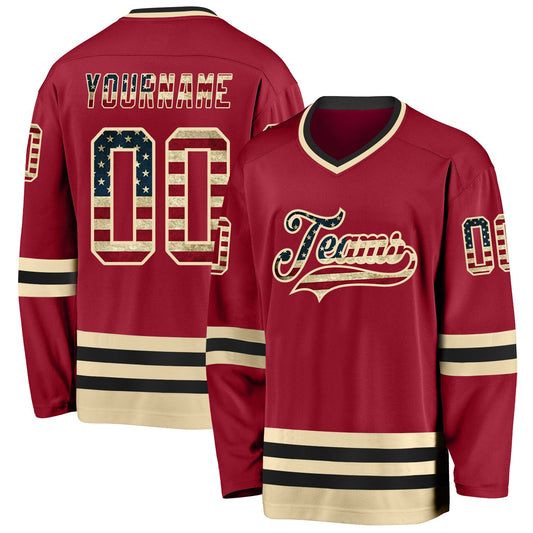 Custom Maroon Vintage USA Flag Cream-Black Hockey Jersey - Sky-Custom