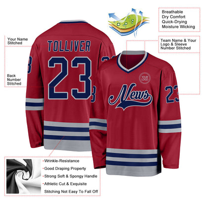Custom Maroon Navy-Gray Hockey Jersey - Sky-Custom