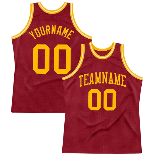 Custom Maroon Gold-White Authentic Throwback Basketball Jersey - Sky-Custom