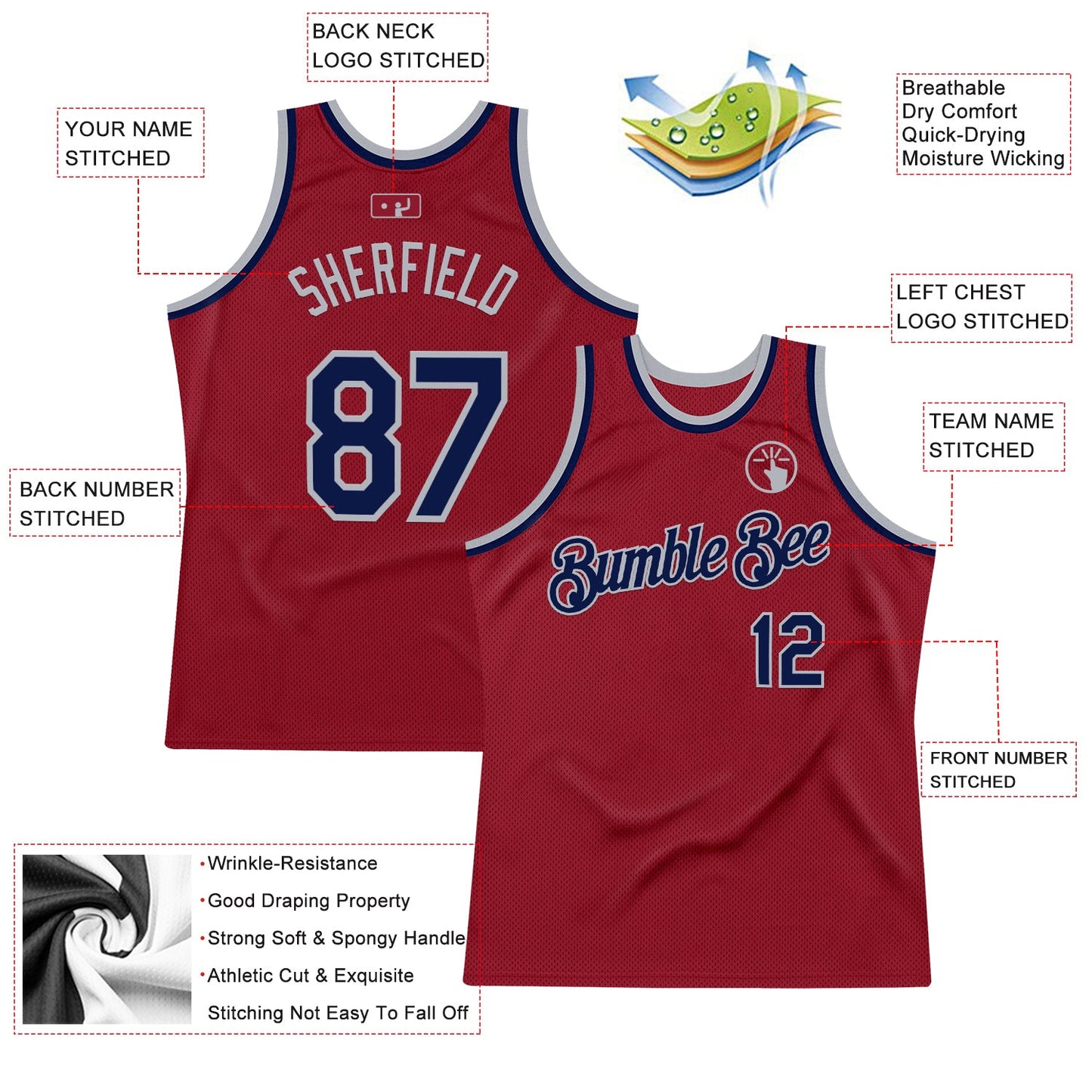 Custom Maroon Navy-Gray Authentic Throwback Basketball Jersey - Sky-Custom