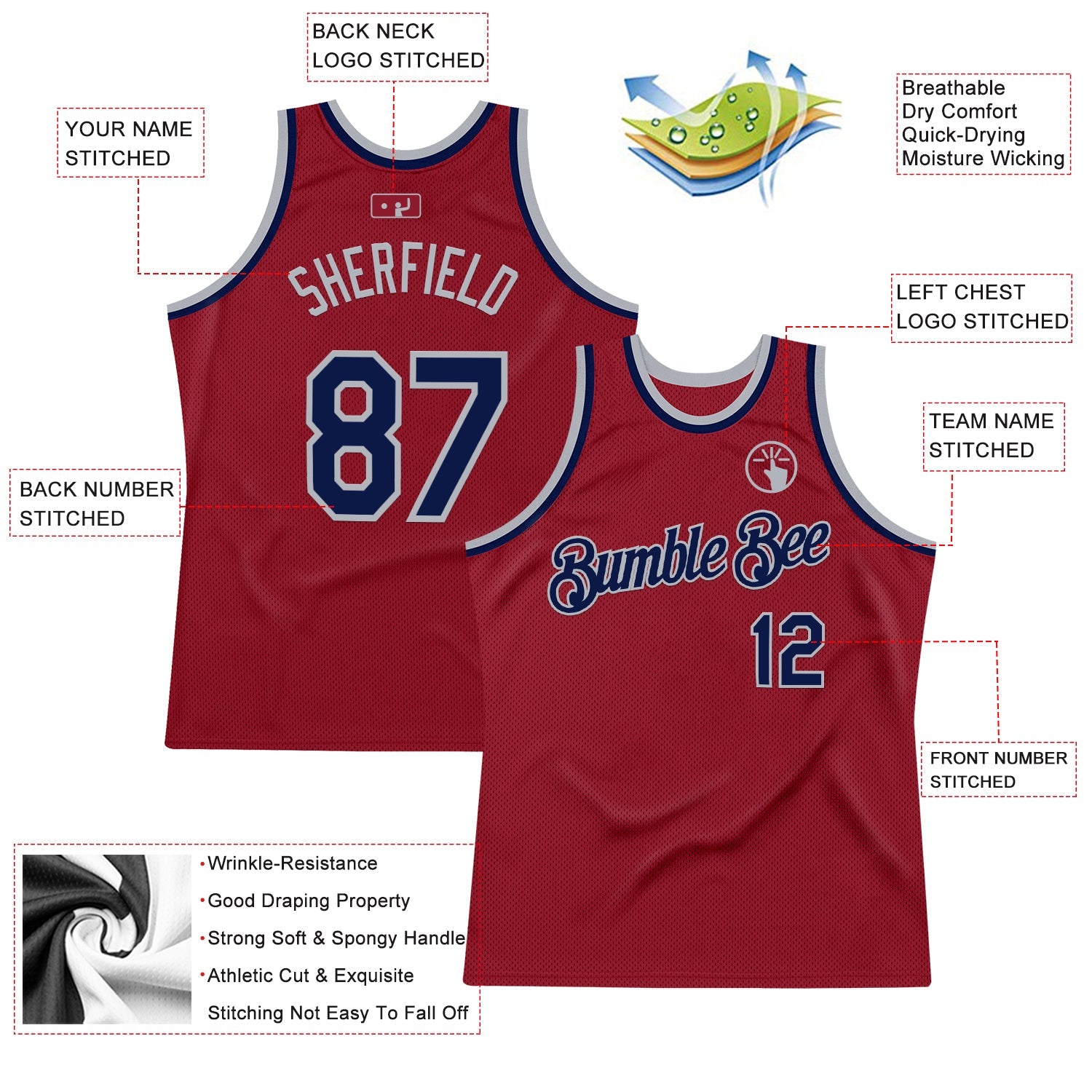 Custom Maroon Navy-Gray Authentic Throwback Basketball Jersey - Sky-Custom
