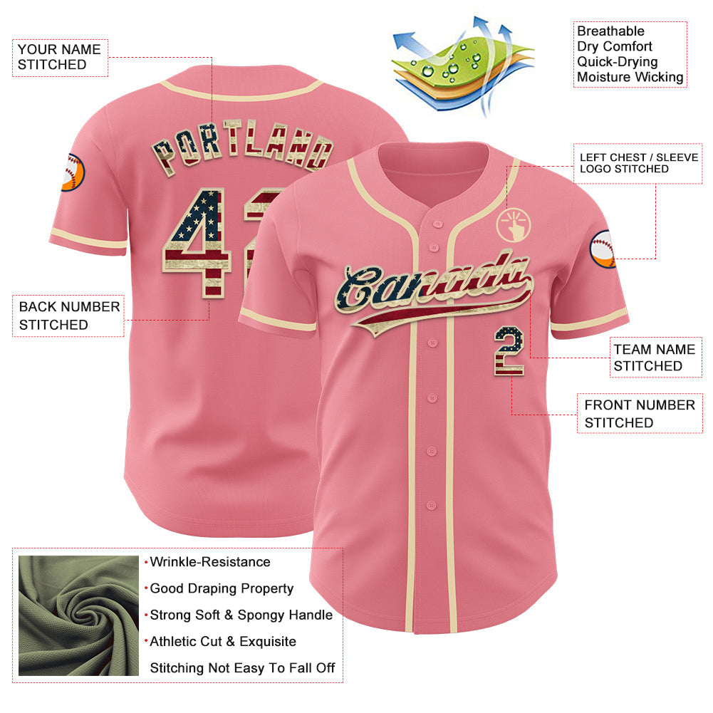 Custom Medium Pink Vintage USA Flag-Cream Authentic Baseball Jersey - Sky-Custom