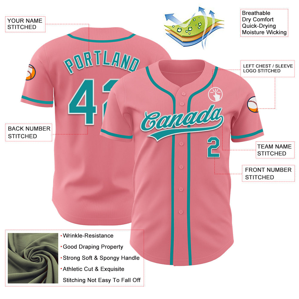 Custom Medium Pink Teal-White Authentic Baseball Jersey - Sky-Custom