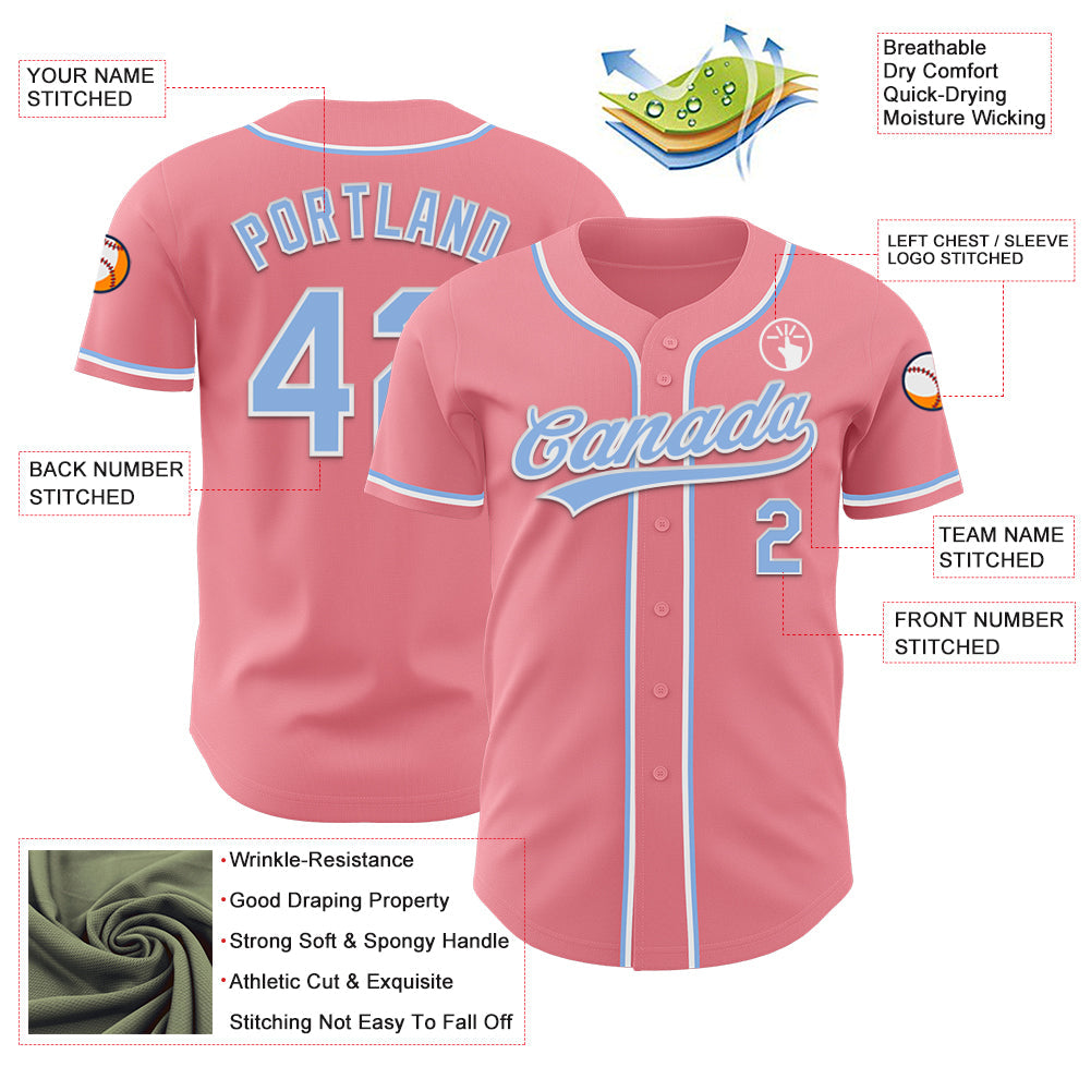 Custom Medium Pink Light Blue-White Authentic Baseball Jersey - Sky-Custom