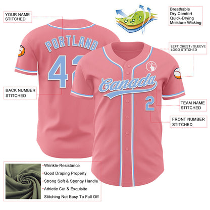 Custom Medium Pink Light Blue-White Authentic Baseball Jersey - Sky-Custom