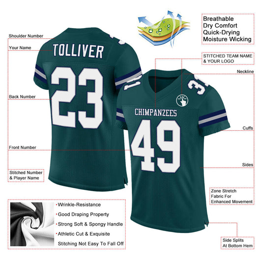 Custom Midnight Green White-Navy Mesh Authentic Football Jersey - Sky-Custom