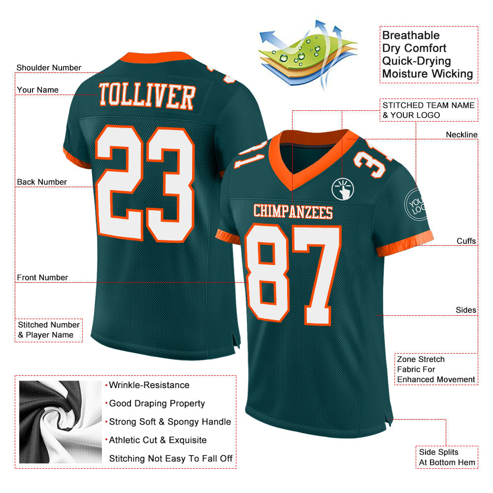 Custom Midnight Green White-Orange Mesh Authentic Football Jersey - Sky-Custom