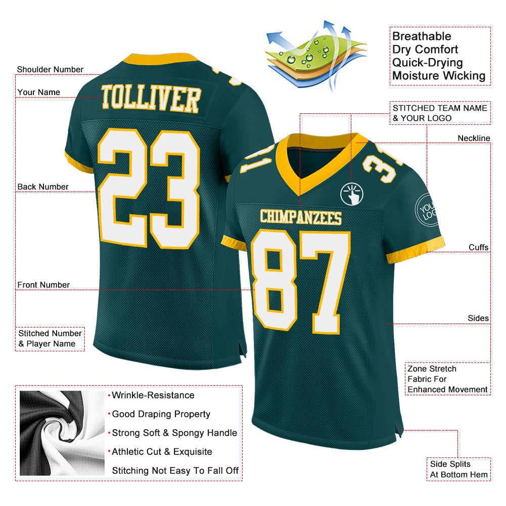 Custom Midnight Green White-Gold Mesh Authentic Football Jersey - Sky-Custom