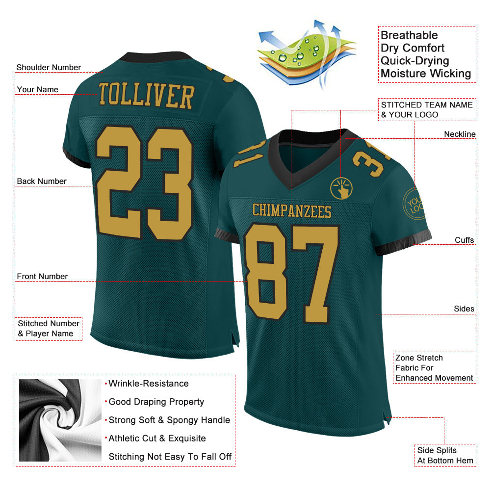 Custom Midnight Green Old Gold-Black Mesh Authentic Football Jersey - Sky-Custom