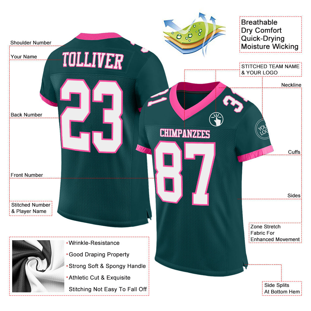 Custom Midnight Green White-Pink Mesh Authentic Football Jersey - Sky-Custom