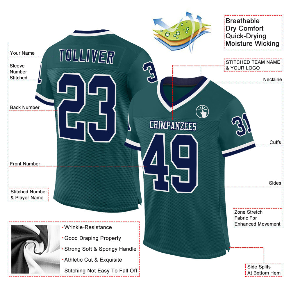 Custom Midnight Green Navy-White Mesh Authentic Throwback Football Jersey - Sky-Custom