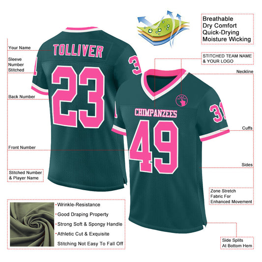 Custom Midnight Green Pink-White Mesh Authentic Throwback Football Jersey - Sky-Custom
