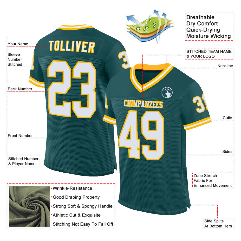 Custom Midnight Green White-Gold Mesh Authentic Throwback Football Jersey - Sky-Custom