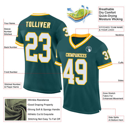 Custom Midnight Green White-Gold Mesh Authentic Throwback Football Jersey - Sky-Custom