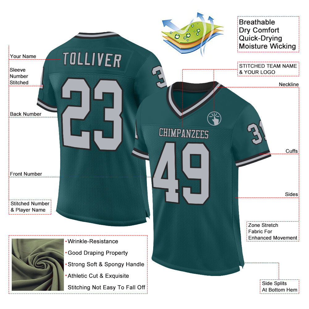 Custom Midnight Green Gray-Black Mesh Authentic Throwback Football Jersey - Sky-Custom