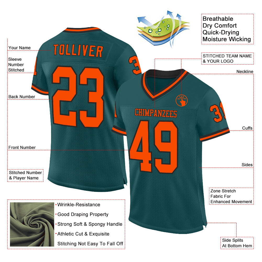 Custom Midnight Green Orange-Black Mesh Authentic Throwback Football Jersey - Sky-Custom