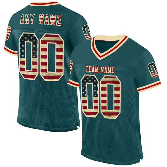 Custom Midnight Green Vintage USA Flag Cream-Red Mesh Authentic Throwback Football Jersey - Sky-Custom