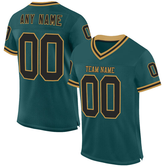 Custom Midnight Green Black-Old Gold Mesh Authentic Throwback Football Jersey - Sky-Custom