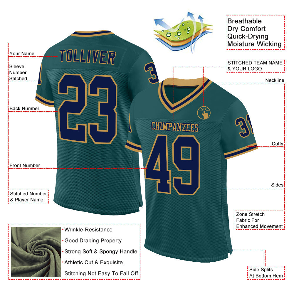 Custom Midnight Green Navy-Old Gold Mesh Authentic Throwback Football Jersey - Sky-Custom